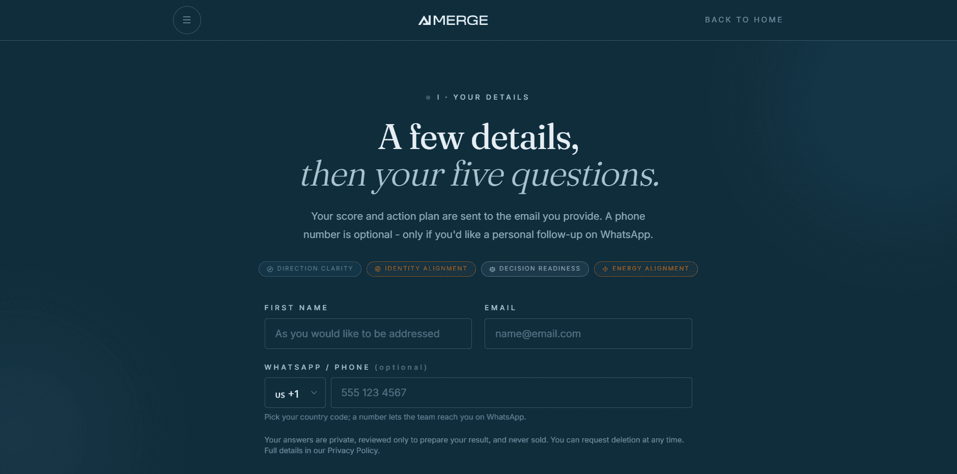 The opening screen - your name, your email, and whether the assessment is for you or your team.