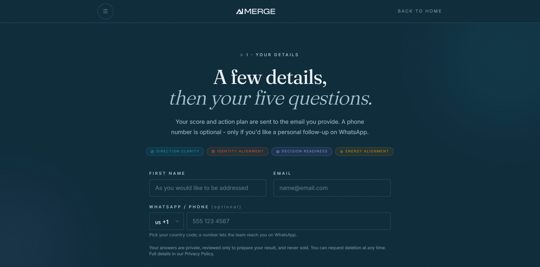The opening screen - your name, your email, and whether the assessment is for you or your team.